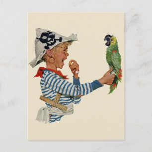 Vintage Child, Boy Playing Pirate Parrot Bird Postcard