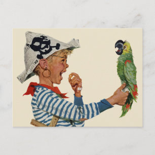 Vintage Child, Boy Playing Pirate Parrot Bird Postcard
