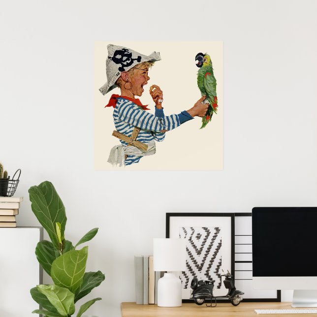 Vintage Child, Boy Playing Pirate Parrot Bird Poster (Home Office)