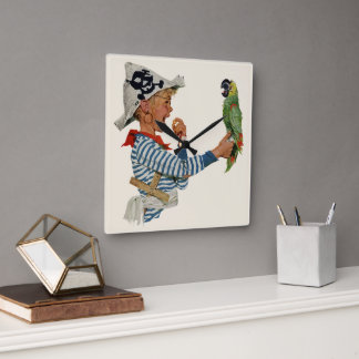 Vintage Child, Boy Playing Pirate Parrot Bird Square Wall Clock