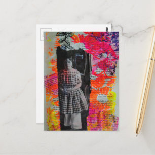Vintage Child Bright Flowers Mixed Media Collage Postcard