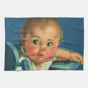 Vintage Child, Cute Baby Boy or Girl in Highchair Tea Towel