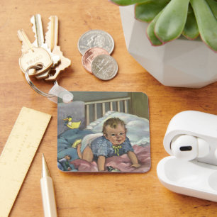 Vintage Child, Cute Baby Playing in Crib, Nap Time Key Ring