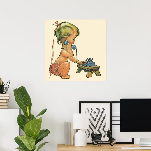 Vintage Child Cute Blond Girl Talking on Toy Phone Poster (Home Office)