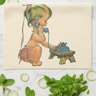 Vintage Child Cute Blond Girl Talking on Toy Phone Tea Towel