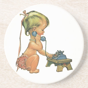Vintage Child Cute Blonde Girl Talking on Toy Coaster