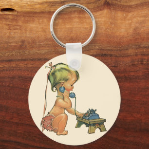 Vintage Child Cute Blonde Girl Talking on Toy Key Ring