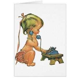 Vintage Child Cute Blonde Girl Talking on Toy Phon