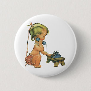 Vintage Child Cute Blonde Girl Talking on Toy Phon 6 Cm Round Badge