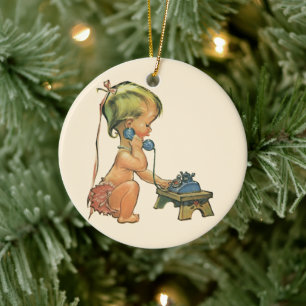 Vintage Child Cute Blonde Girl Talking on Toy Phon Ceramic Tree Decoration