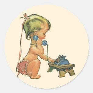 Vintage Child Cute Blonde Girl Talking on Toy Phon Classic Round Sticker