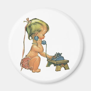 Vintage Child Cute Blonde Girl Talking on Toy Phon Magnet