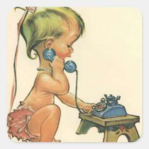 Vintage Child Cute Blonde Girl Talking on Toy Phon Square Sticker