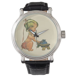 Vintage Child Cute Blonde Girl Talking on Toy Phon Watch