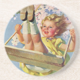 Vintage Child, Girl Swinging on a Tree Swing Play Coaster
