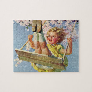 Vintage Child, Girl Swinging on a Tree Swing Play Jigsaw Puzzle