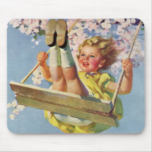 Vintage Child, Girl Swinging on a Tree Swing Play Mouse Mat