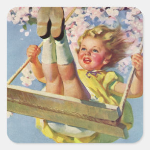 Vintage Child, Girl Swinging on a Tree Swing Play Square Sticker