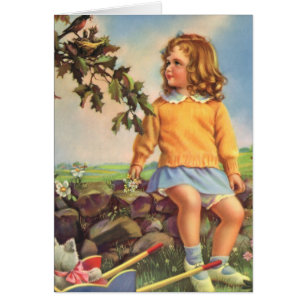 Vintage Child, Girl Watching Birds in Tree, Spring
