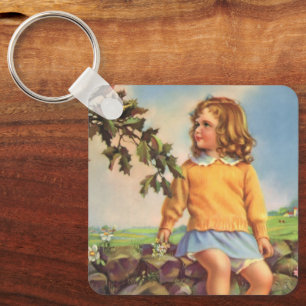 Vintage Child, Girl Watching Birds in Tree, Spring Key Ring
