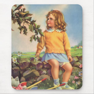 Vintage Child, Girl Watching Birds in Tree, Spring Mouse Mat