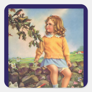 Vintage Child, Girl Watching Birds in Tree, Spring Square Sticker