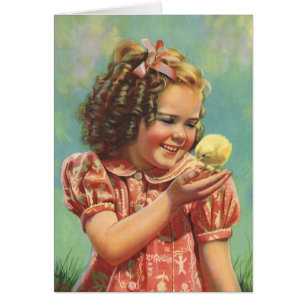 Vintage Child, Happy Smile, Girl with Baby Chick