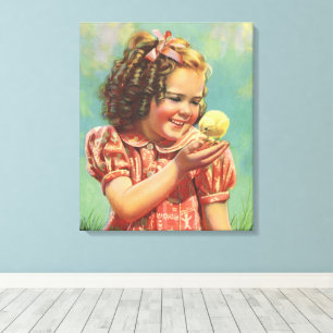 Vintage Child, Happy Smile, Girl with Baby Chick Canvas Print