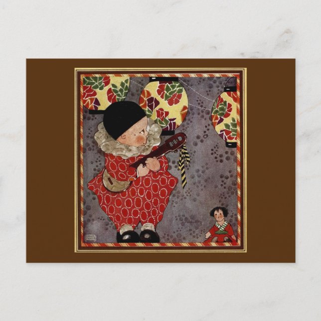 Vintage Child Harlequin, Musician Playing Banjo Postcard (Front)
