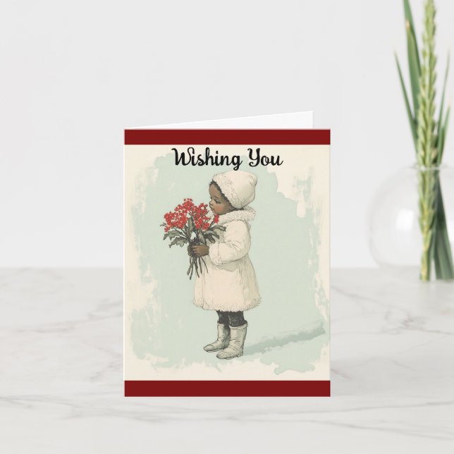 Vintage Child Holding Flowers Holiday Card (Front)