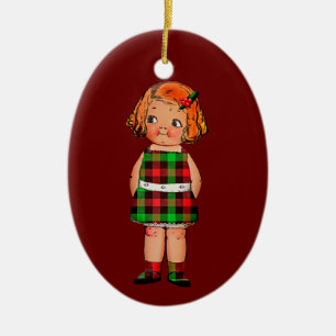 Vintage Child in Red & Green Checkered Plaid Ceramic Tree Decoration