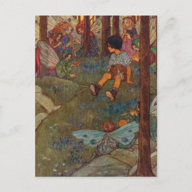 Vintage - Child Meets Woodland Fairies, Postcard (Front)