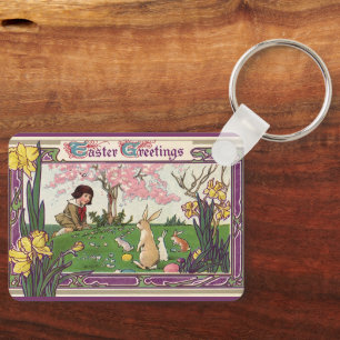 Vintage Child on an Easter Egg Hunt with Animals Key Ring
