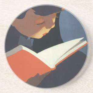 Vintage Child Reading a Book From the Library Coaster