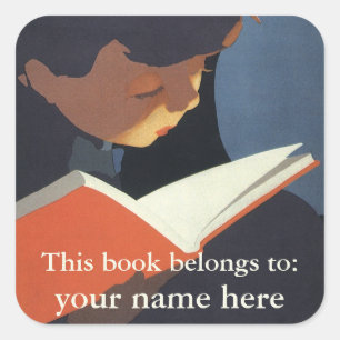 Vintage Child Reading a Book From the Library Square Sticker