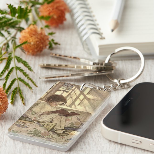 Vintage Child Reading a Book, Jessie Willcox Smith Key Ring (Front Right)