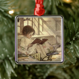 Vintage Child Reading a Book, Jessie Willcox Smith Metal Tree Decoration