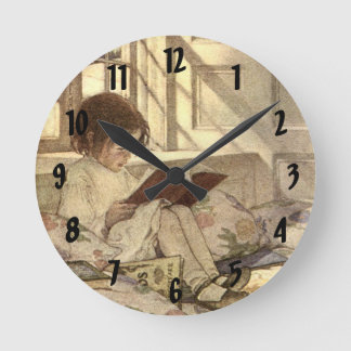 Vintage Child Reading a Book, Jessie Willcox Smith Round Clock