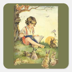 Vintage Child Reading to Woodland Rabbits Square Sticker