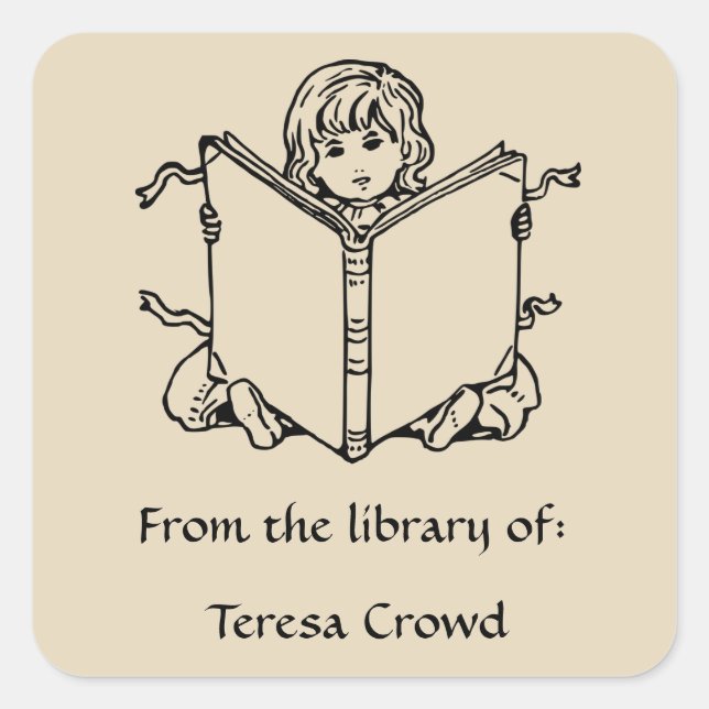 Vintage Child Sitting Reading Bookplate Square Sticker (Front)