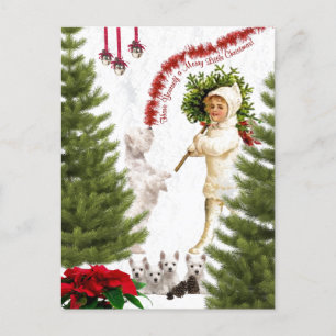 Vintage Child & Westie Wishes For Merry Christmas Holiday Postcard