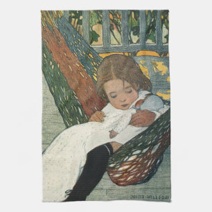 Vintage Child with a Doll by Jessie Willcox Smith Tea Towel