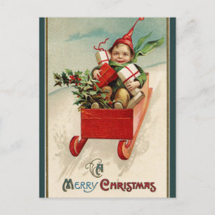 Vintage Child With Gifts in Sleigh Merry Christmas Postcard