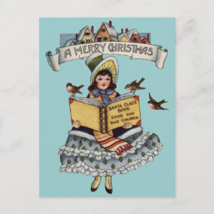 Vintage Child with Santa Claus Book Holiday Postcard