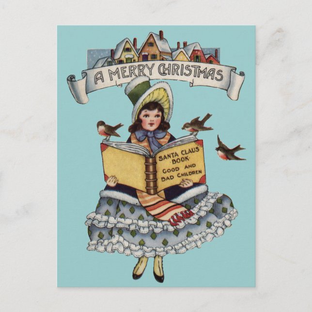Vintage Child with Santa Claus Book Holiday Postcard (Front)