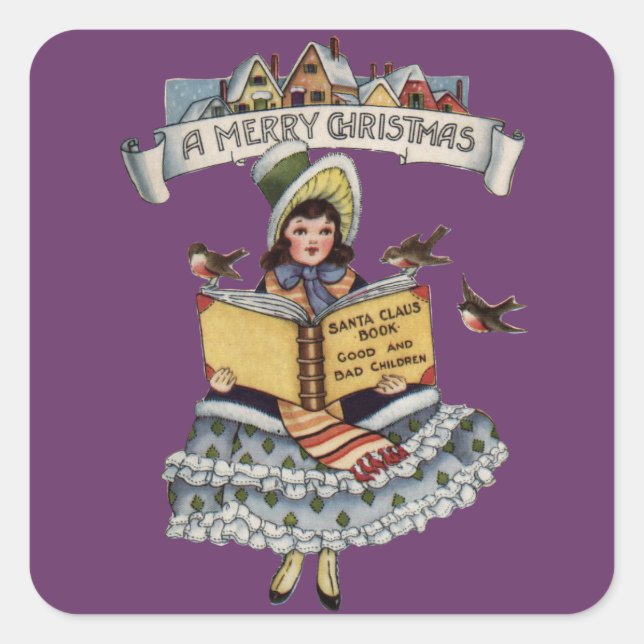 Vintage Child with Santa Claus Book Square Sticker (Front)