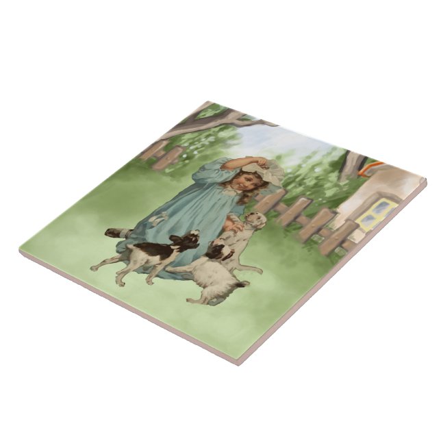 Vintage Child with Terrier Dogs Tile (Side)