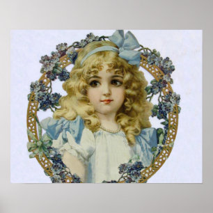 Vintage child with Victorian Blue Bow and Flowers Poster