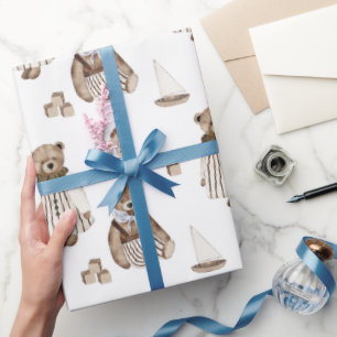 Vintage Childhood Bears, Pull Toy, Blocks, Boat Wrapping Paper