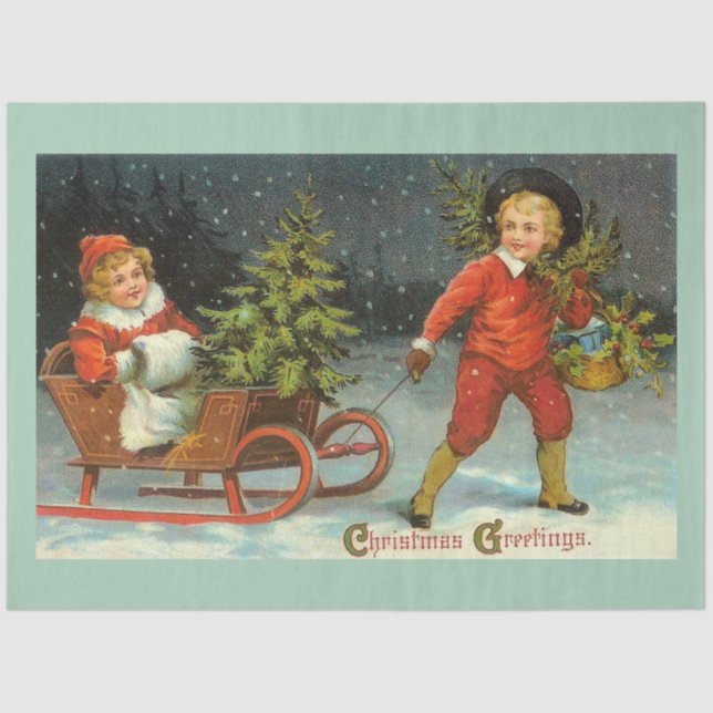 Vintage Children And Christmas Tree Tissue Paper (Front)